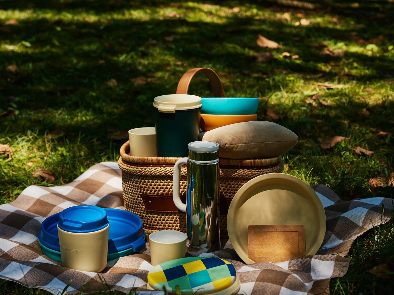 Illustration eines gedeckten Picknickplatzes mit typischem Outdoor-Zubehör